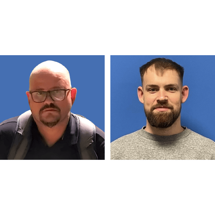 Two head-and-shoulders portraits against blue backgrounds: left is a&nbsp;bald man with glasses and backpack; right is a&nbsp;bearded man in a&nbsp;gray sweater.